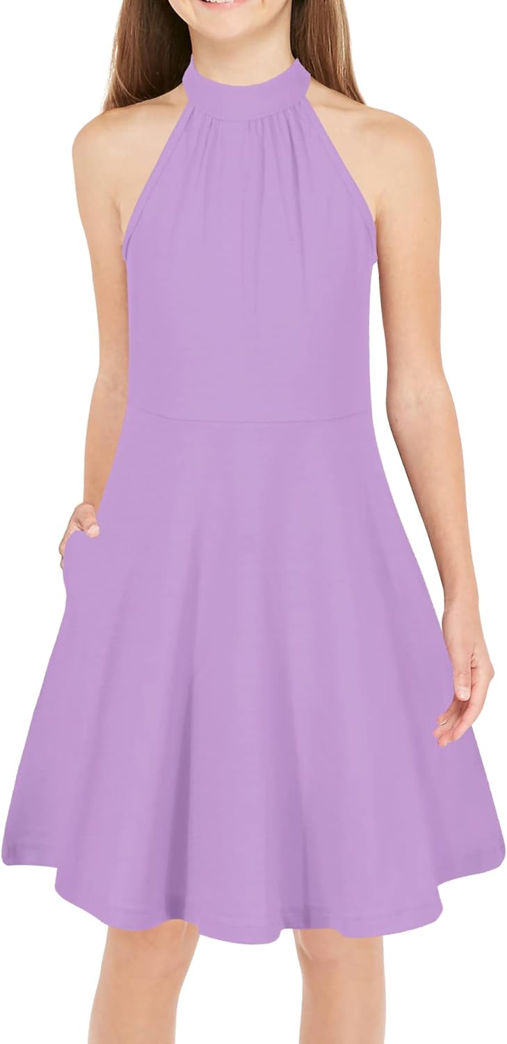 GORLYA Girl's Halter Neck Cold Shoulder Sleeveless Summer Casual Sundress A-line Dress with Pockets for 4-14T Kids