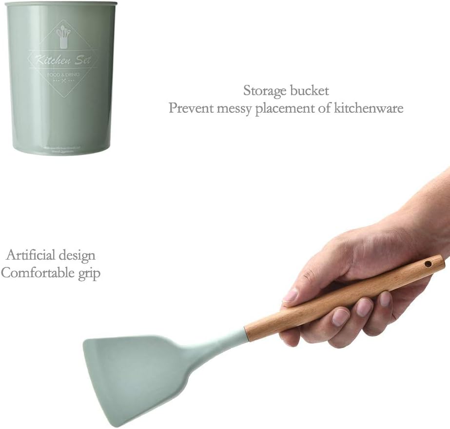 "ComCreate" Silicone Cooking Kitchen 11PCS Wooden Utensils Tool for Nonstick Cookware,Cooking Utensils Set with Bamboo Wood Handles for Nonstick Cookware,Non Toxic Turner Tongs Spatula Spoon Set
