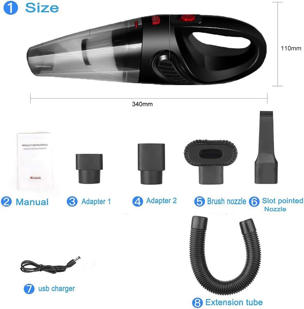 IDEA-TECH Car Vacuum Cleaner, 3.2KPa Strong Cyclone Suction, 12V 120W Rechargeable, for Pet Hair Car Home Cleaning, Black, 355*105*125mm/13.97*4.13*0.16in, BW0002