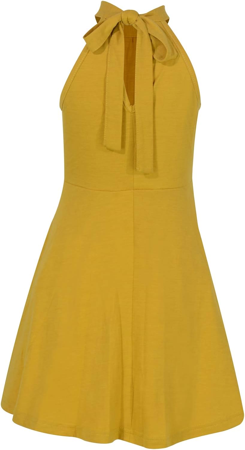GORLYA Girl's Halter Neck Cold Shoulder Sleeveless Summer Casual Sundress A-line Dress with Pockets for 4-14T Kids