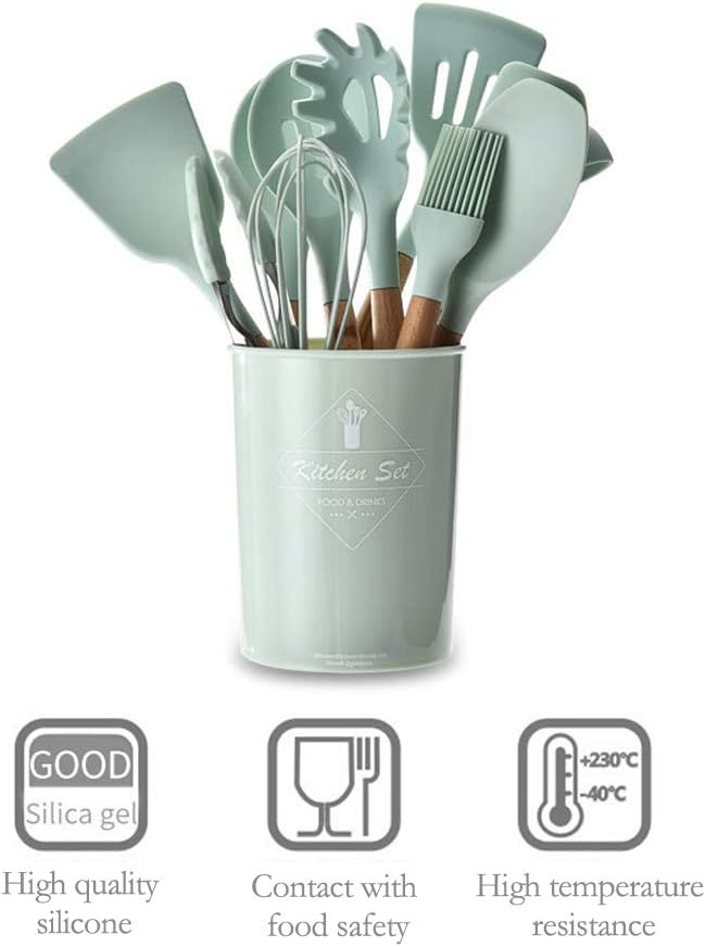 "ComCreate" Silicone Cooking Kitchen 11PCS Wooden Utensils Tool for Nonstick Cookware,Cooking Utensils Set with Bamboo Wood Handles for Nonstick Cookware,Non Toxic Turner Tongs Spatula Spoon Set