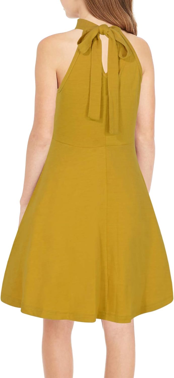 GORLYA Girl's Halter Neck Cold Shoulder Sleeveless Summer Casual Sundress A-line Dress with Pockets for 4-14T Kids