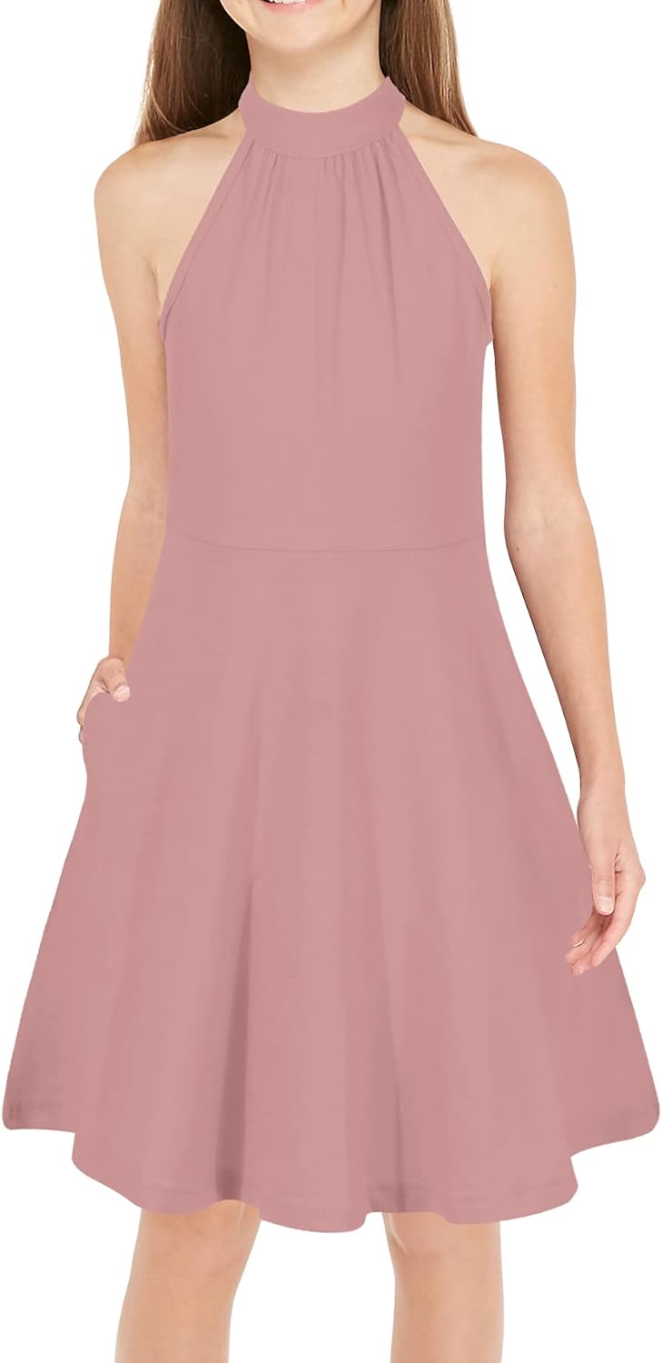 GORLYA Girl's Halter Neck Cold Shoulder Sleeveless Summer Casual Sundress A-line Dress with Pockets for 4-14T Kids