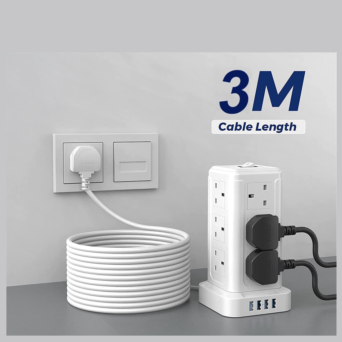 BEPiTECH 3-Meter Power Extension Cord Tower,12 Power Sockets 2500W suitable for big plugs with 4 Smart USB Slots Charging Station, Surge Protector Heavy Duty Power Strip for Office & Home Desktop