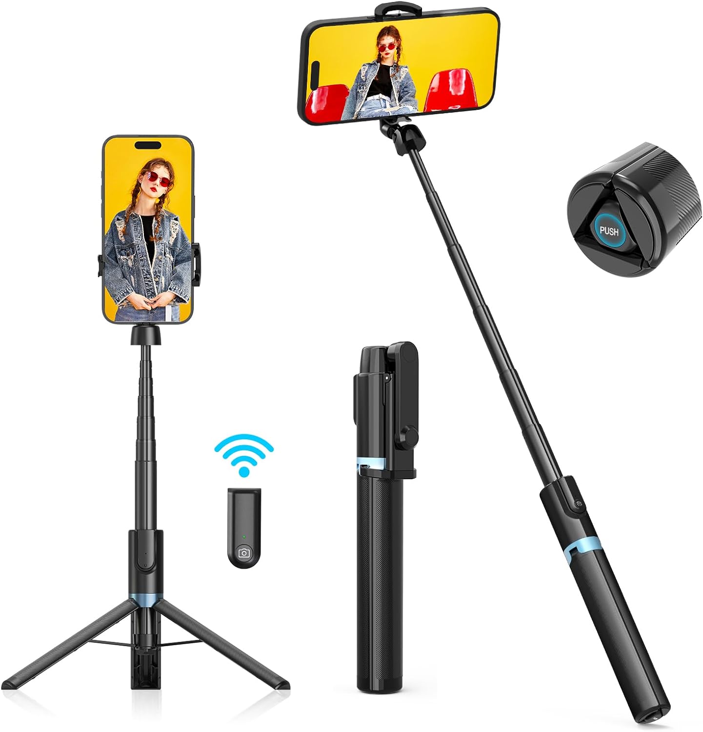 Eocean Selfie Stick Tripod,140cm Extendable Phone Tripod Stand for iPhone/Android Phone, Travel Tripod with Rechargeable Remote & Camera Connector Kit, Portable and Compact