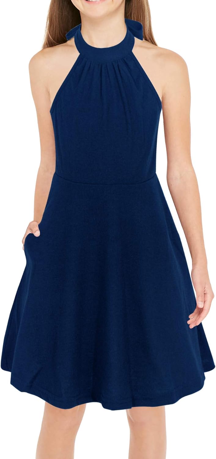 GORLYA Girl's Halter Neck Cold Shoulder Sleeveless Summer Casual Sundress A-line Dress with Pockets for 4-14T Kids