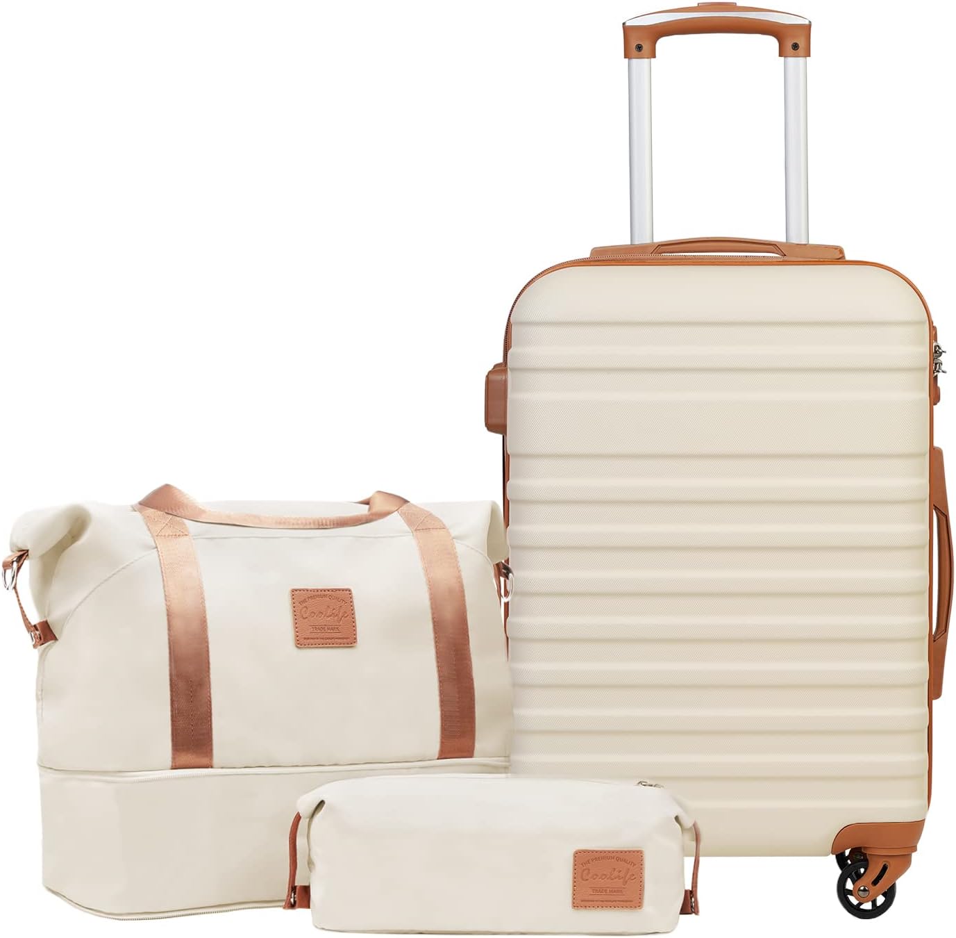 COOLIFE Suitcase Trolley Carry On Hand Cabin Luggage Hard Shell Travel Bag Lightweight with TSA Lock,The Suitcase Included 1pcs Travel Bag and 1pcs Toiletry Bag (White/Brown, 24 Inch Luggage Set)