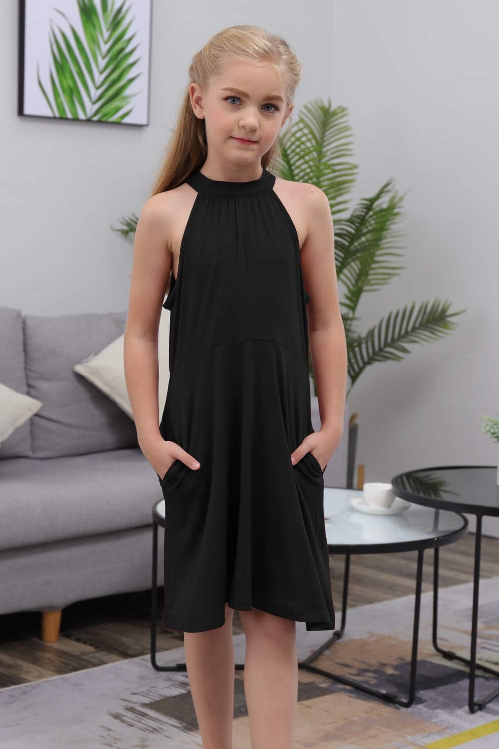 GORLYA Girl's Halter Neck Cold Shoulder Sleeveless Summer Casual Sundress A-line Dress with Pockets for 4-14T Kids
