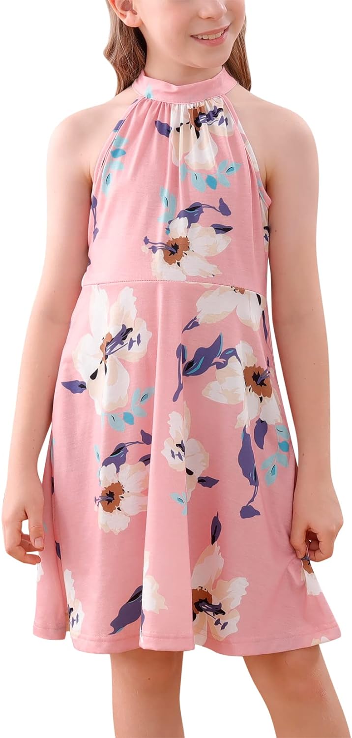 GORLYA Girl's Halter Neck Cold Shoulder Sleeveless Summer Casual Sundress A-line Dress with Pockets for 4-14T Kids