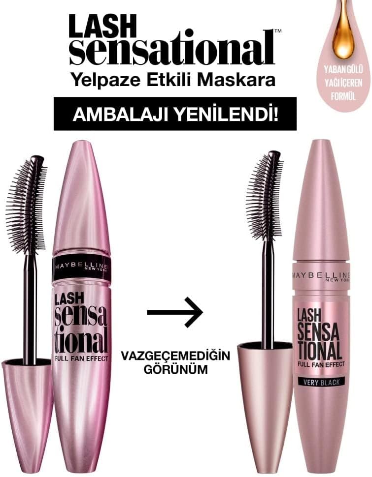 Maybelline New York Volume Mascara, Washable, Full Fan Effect, Long Eyelashes, Clump free, Lash Sensational, Very Black