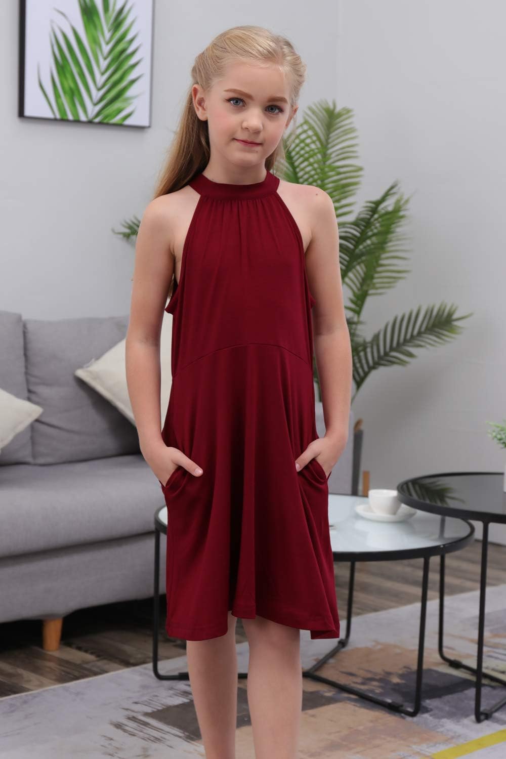GORLYA Girl's Halter Neck Cold Shoulder Sleeveless Summer Casual Sundress A-line Dress with Pockets for 4-14T Kids