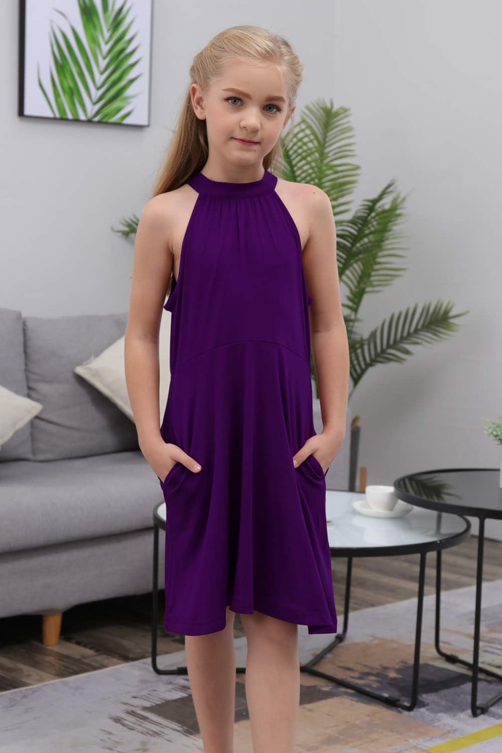 GORLYA Girl's Halter Neck Cold Shoulder Sleeveless Summer Casual Sundress A-line Dress with Pockets for 4-14T Kids