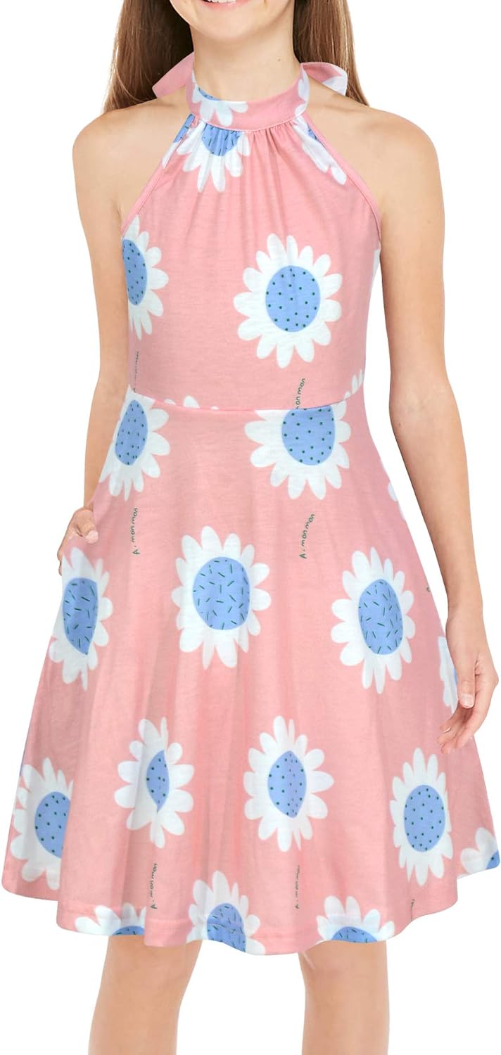 GORLYA Girl's Halter Neck Cold Shoulder Sleeveless Summer Casual Sundress A-line Dress with Pockets for 4-14T Kids