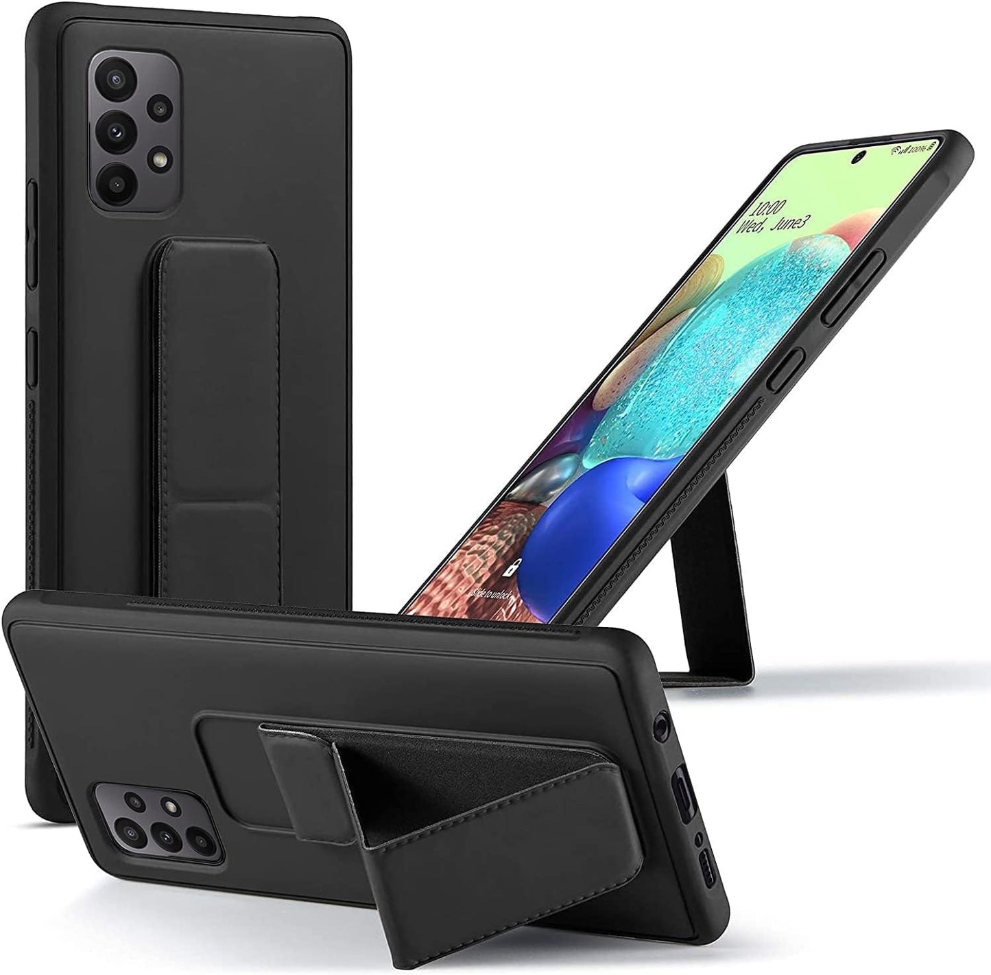 Emodil Case for Samsung Galaxy A23 Magnetic Car Mount Kickstand & Holder, Premium Silicone Vertical & Horizontal Hand Strap and Grip with Multi Stand (Black)