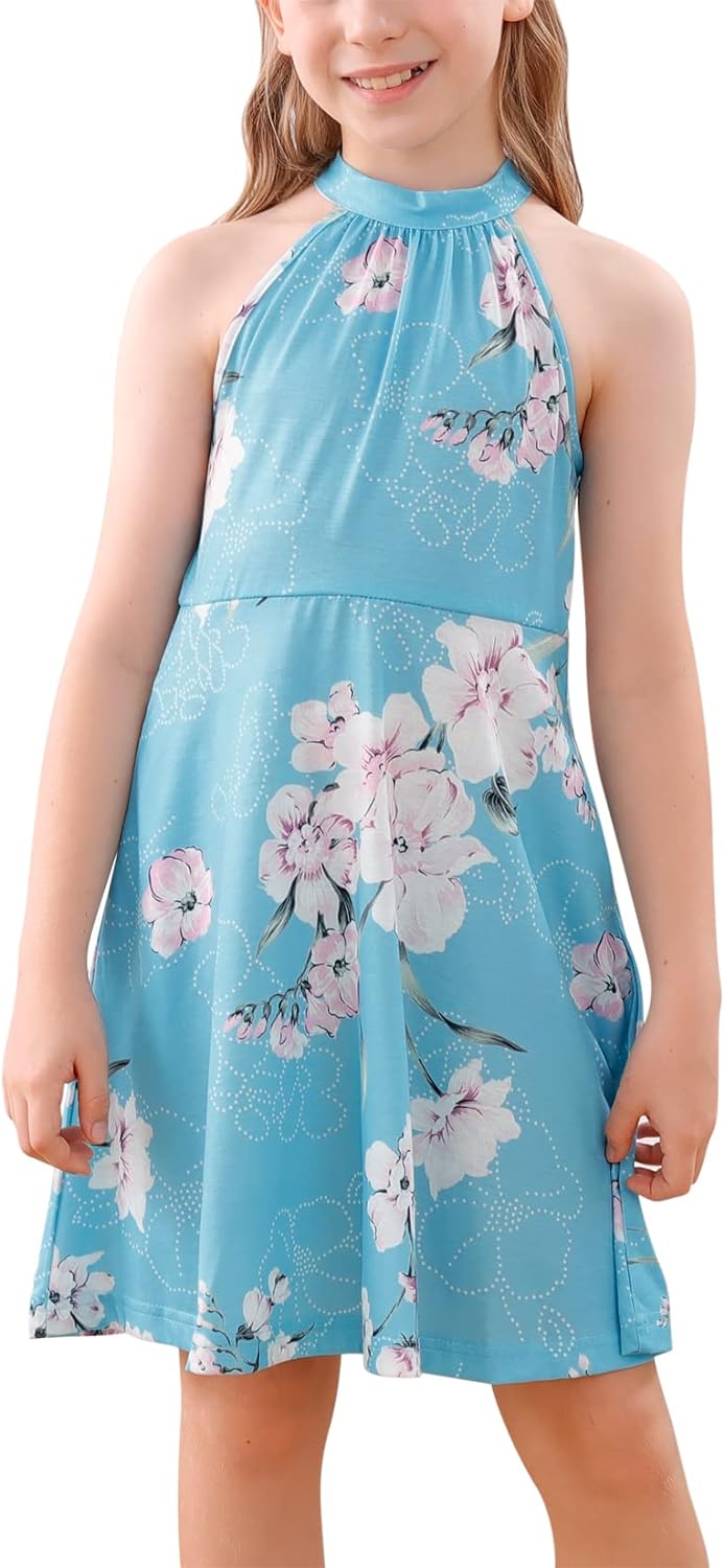 GORLYA Girl's Halter Neck Cold Shoulder Sleeveless Summer Casual Sundress A-line Dress with Pockets for 4-14T Kids