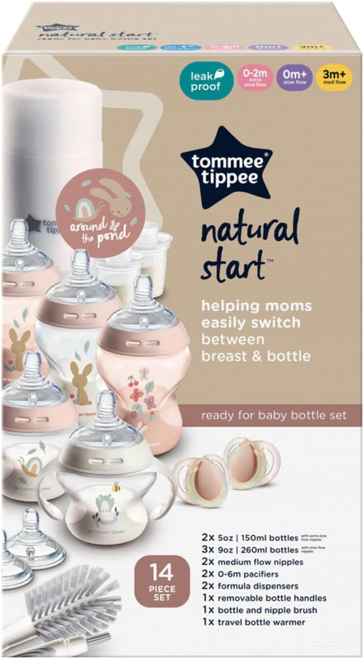 Tommee Tippee Natural Start Ready for Baby Bottle Set, 5oz and 9oz Anti-Colic Bottles, Slow and Medium Flow, 0-6 Month Pacifiers, Self-Sterilizing, Pink
