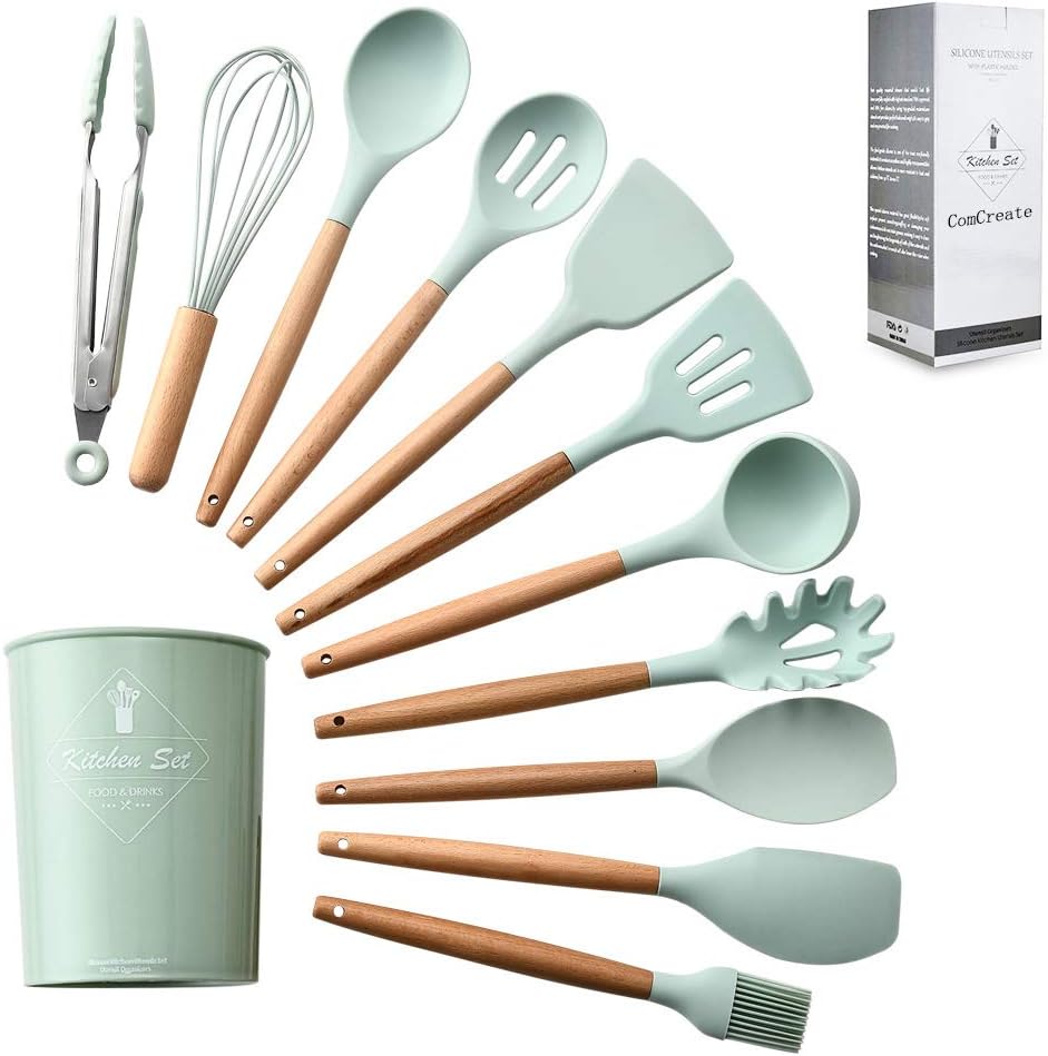 "ComCreate" Silicone Cooking Kitchen 11PCS Wooden Utensils Tool for Nonstick Cookware,Cooking Utensils Set with Bamboo Wood Handles for Nonstick Cookware,Non Toxic Turner Tongs Spatula Spoon Set