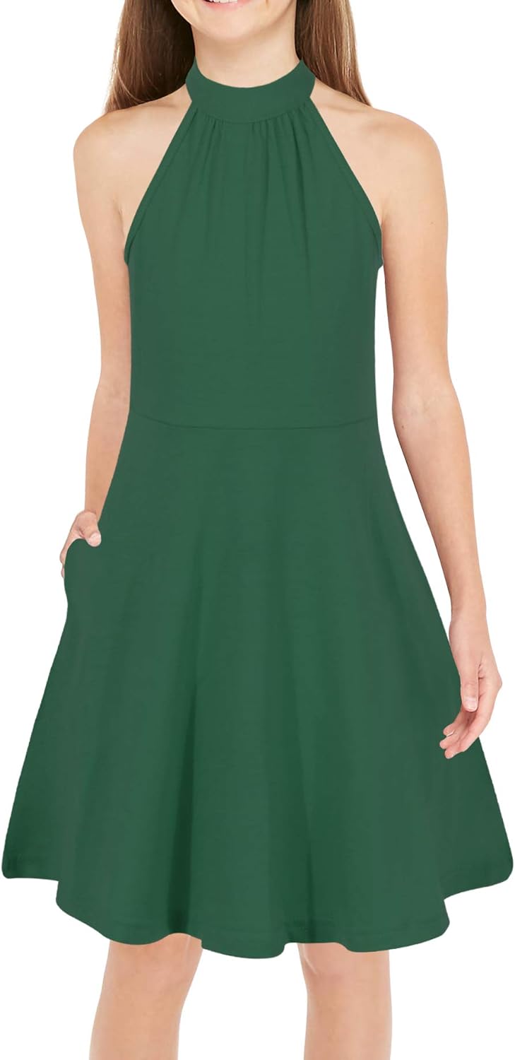 GORLYA Girl's Halter Neck Cold Shoulder Sleeveless Summer Casual Sundress A-line Dress with Pockets for 4-14T Kids