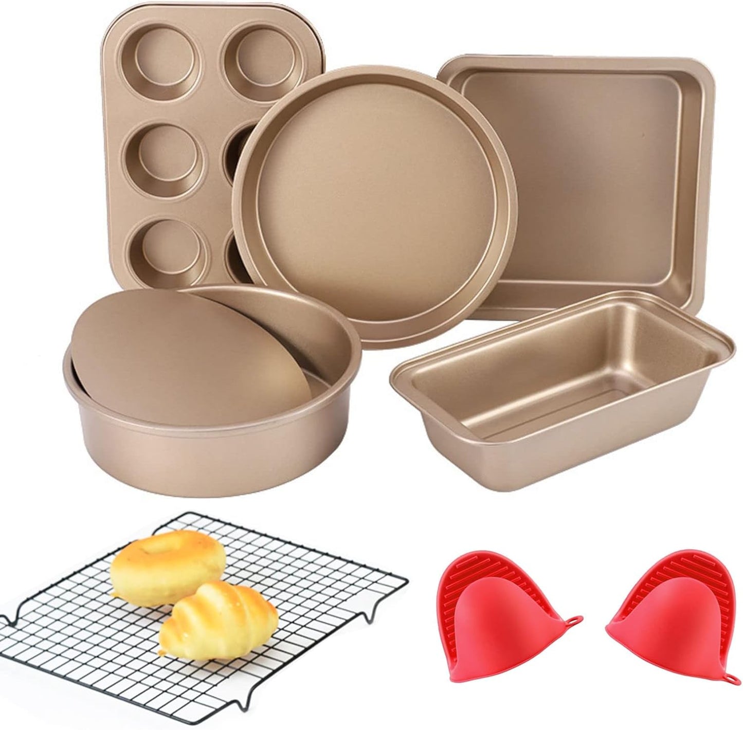 EYSOO Nonstick Bakeware Set 7 Pcs Baking Pans Set- Pizza Tray, Round/Square Pans, Loaf Pan, 6-Cup Muffin Pan Carbon Steel Baking Trays Oven Trays for Bakers Beginners with Rack & Cotton Gloves