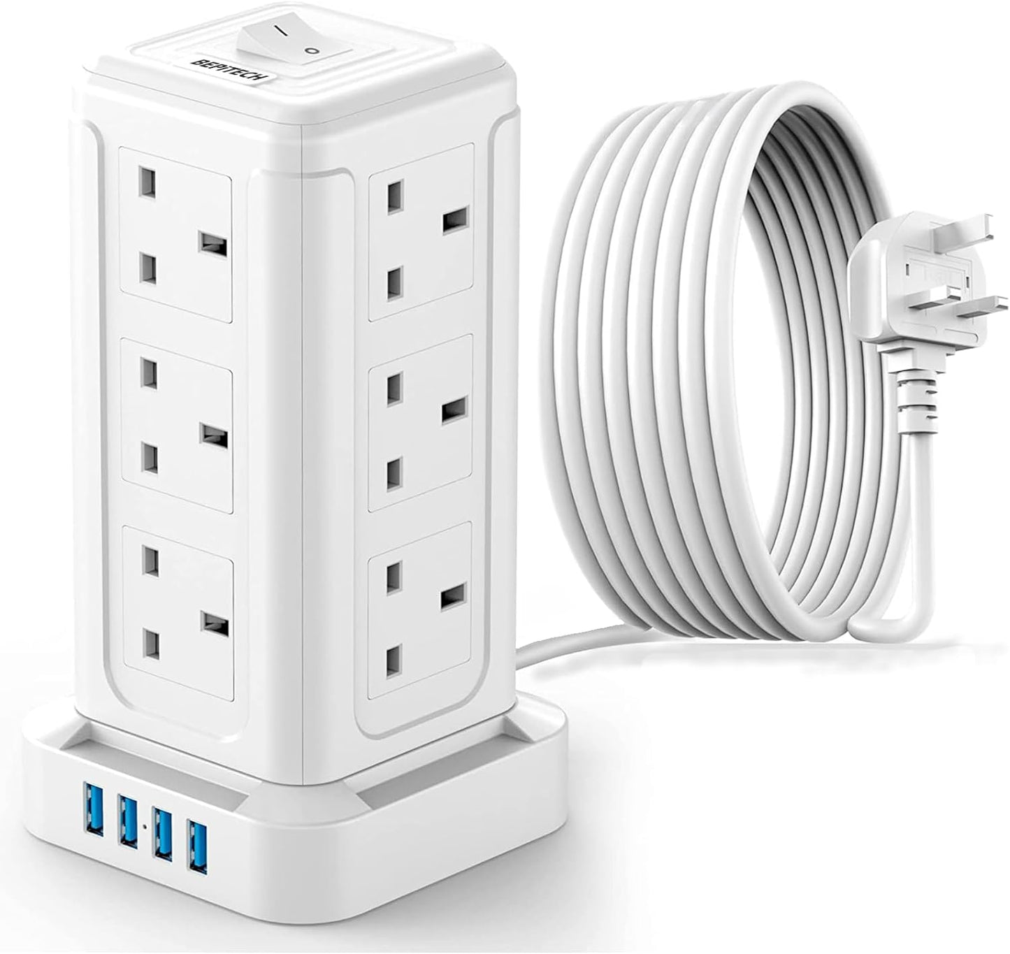 BEPiTECH 3-Meter Power Extension Cord Tower,12 Power Sockets 2500W suitable for big plugs with 4 Smart USB Slots Charging Station, Surge Protector Heavy Duty Power Strip for Office & Home Desktop