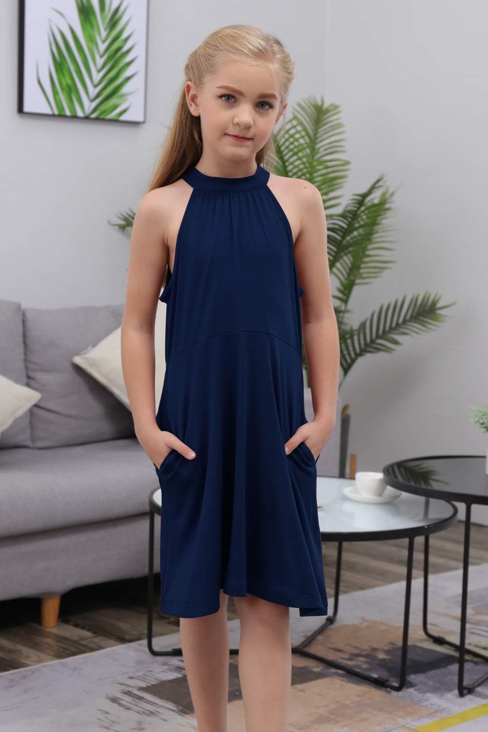 GORLYA Girl's Halter Neck Cold Shoulder Sleeveless Summer Casual Sundress A-line Dress with Pockets for 4-14T Kids
