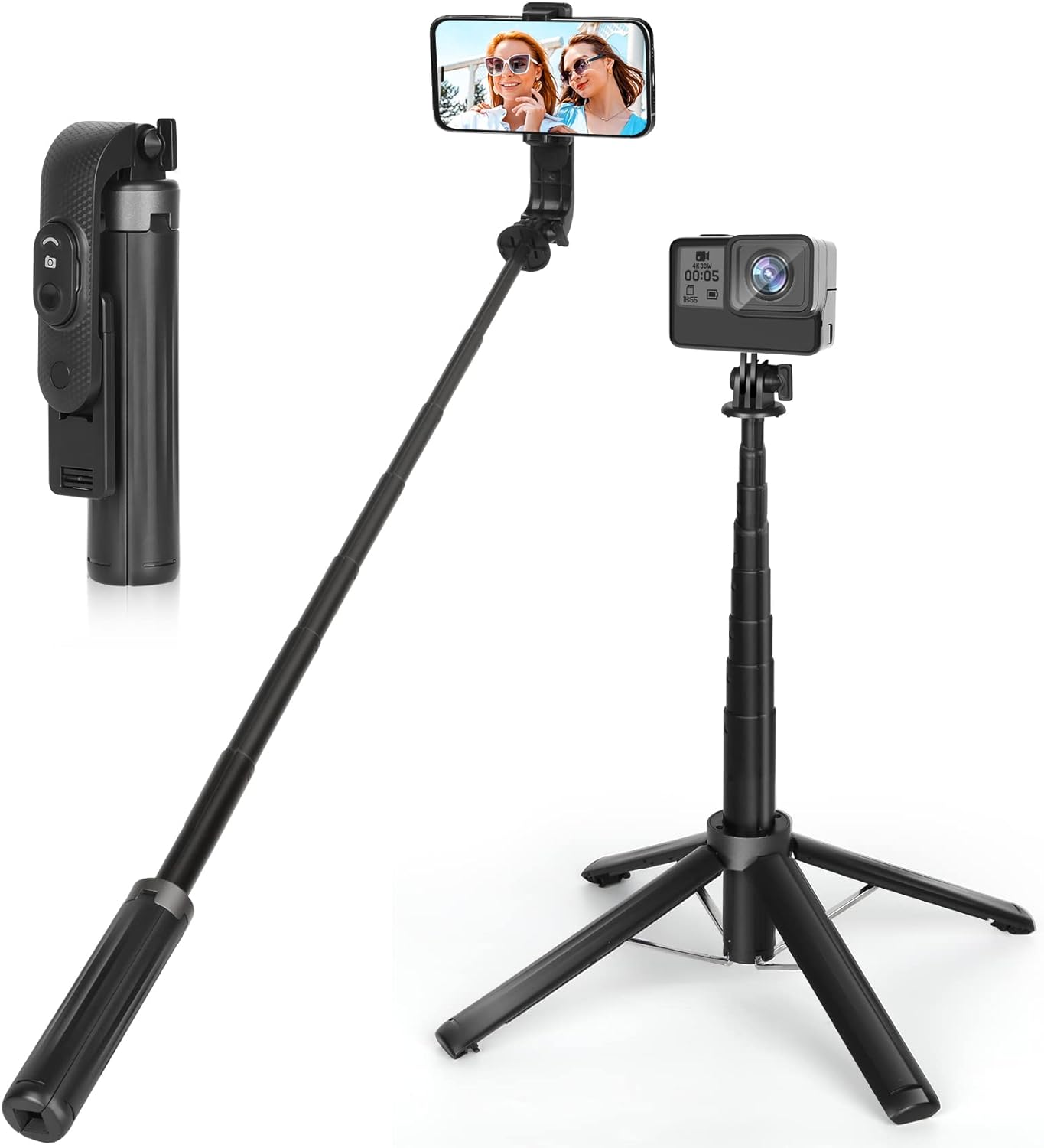 Eocean Selfie Stick Tripod,140cm Extendable Phone Tripod Stand for iPhone/Android Phone, Travel Tripod with Rechargeable Remote & Camera Connector Kit, Portable and Compact
