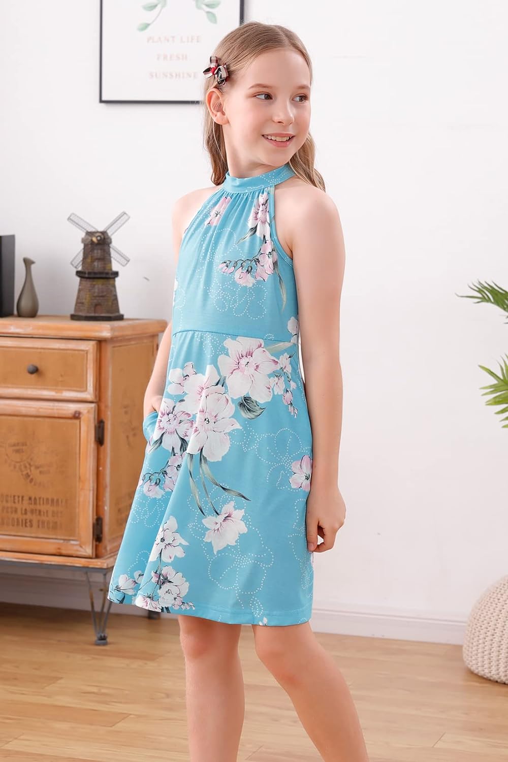 GORLYA Girl's Halter Neck Cold Shoulder Sleeveless Summer Casual Sundress A-line Dress with Pockets for 4-14T Kids