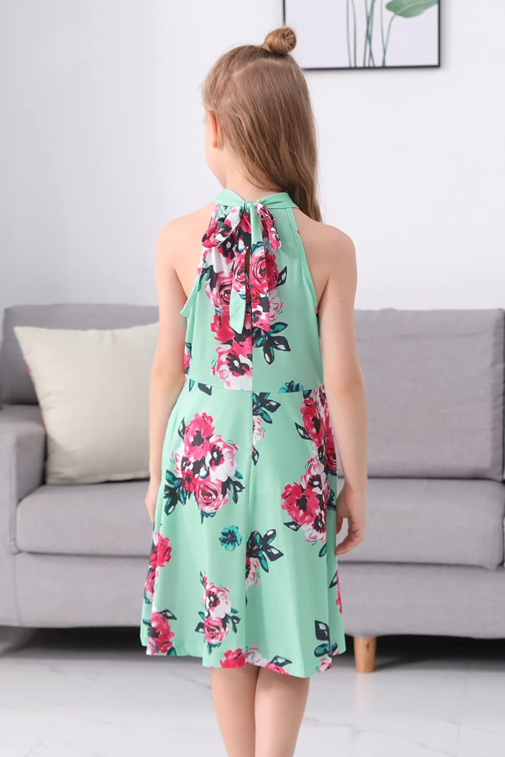 GORLYA Girl's Halter Neck Cold Shoulder Sleeveless Summer Casual Sundress A-line Dress with Pockets for 4-14T Kids