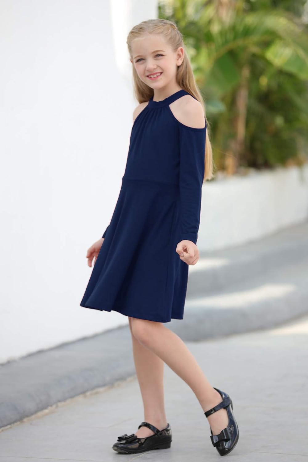 GORLYA Girl's Halter Neck Cold Shoulder Sleeveless Summer Casual Sundress A-line Dress with Pockets for 4-14T Kids