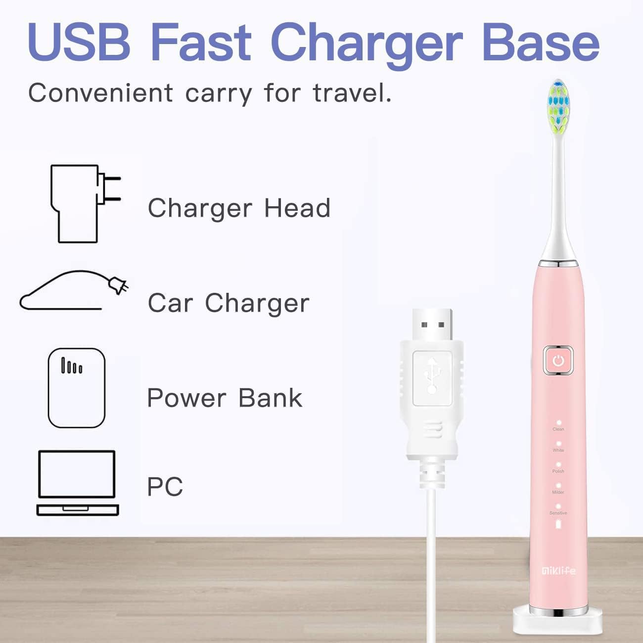 MIKLIFE Sonic Electric Toothbrush 5 Modes Rechargeable Power Smart Toothbrush Cleaner With 3 Brush Heads For Adults Black