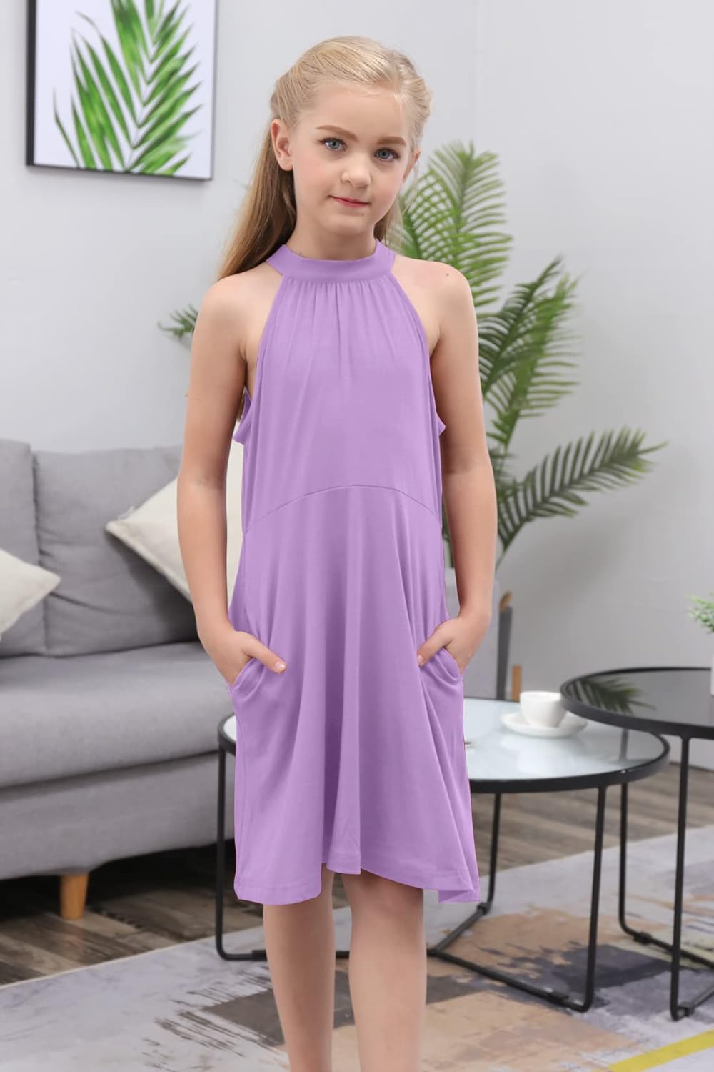 GORLYA Girl's Halter Neck Cold Shoulder Sleeveless Summer Casual Sundress A-line Dress with Pockets for 4-14T Kids
