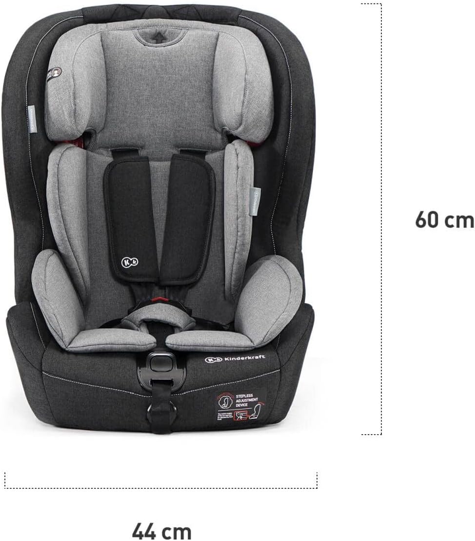 Kinderkraft Car Seat SAFETY FIX, Booster Child Seat, with Isofix, Top Tether, Adjustable Headrest, for Toddlers, Infant, Group 1/2/3, 9-36 Kg, Up to 12 Years, Safety Certificate ECE R44/04, Gray