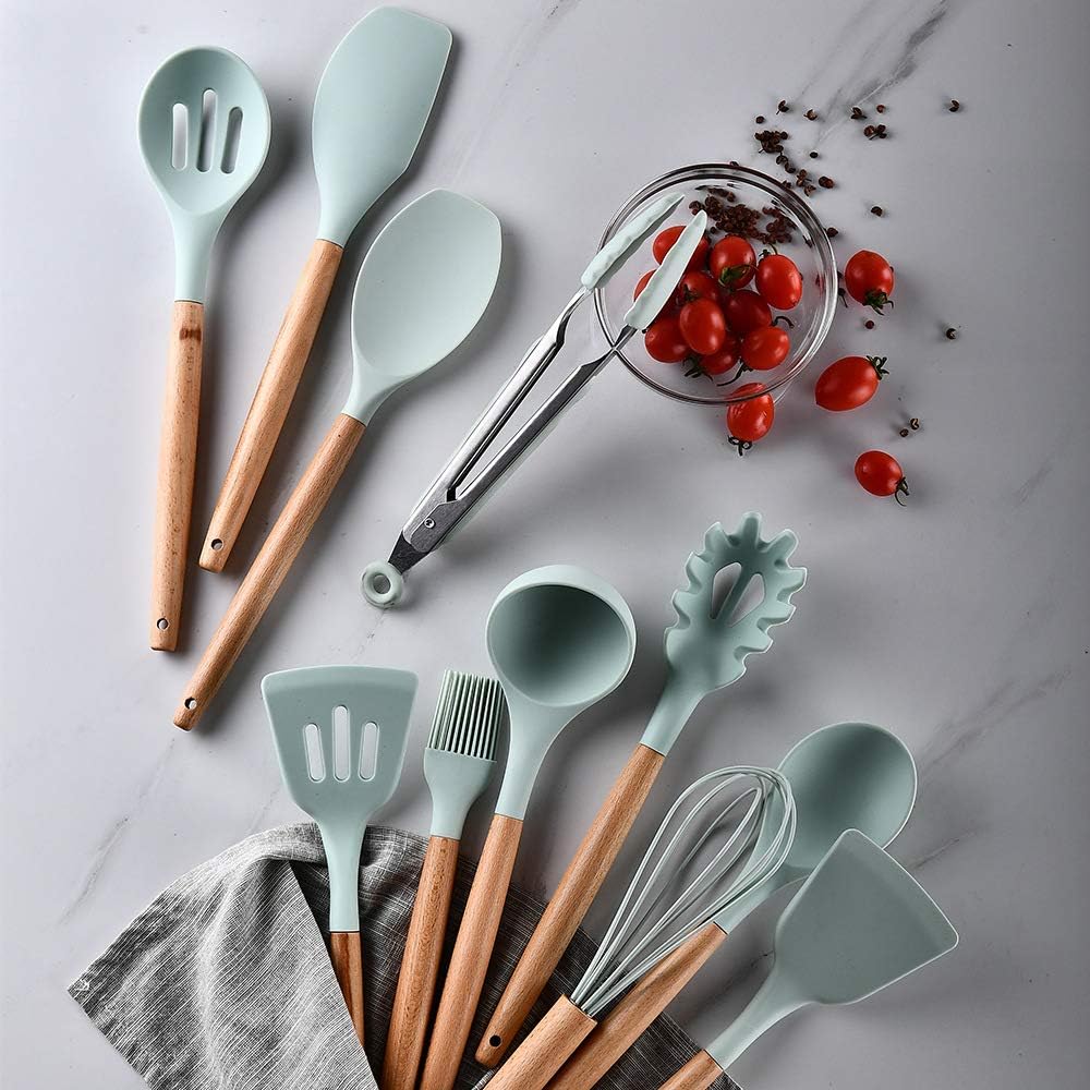 "ComCreate" Silicone Cooking Kitchen 11PCS Wooden Utensils Tool for Nonstick Cookware,Cooking Utensils Set with Bamboo Wood Handles for Nonstick Cookware,Non Toxic Turner Tongs Spatula Spoon Set