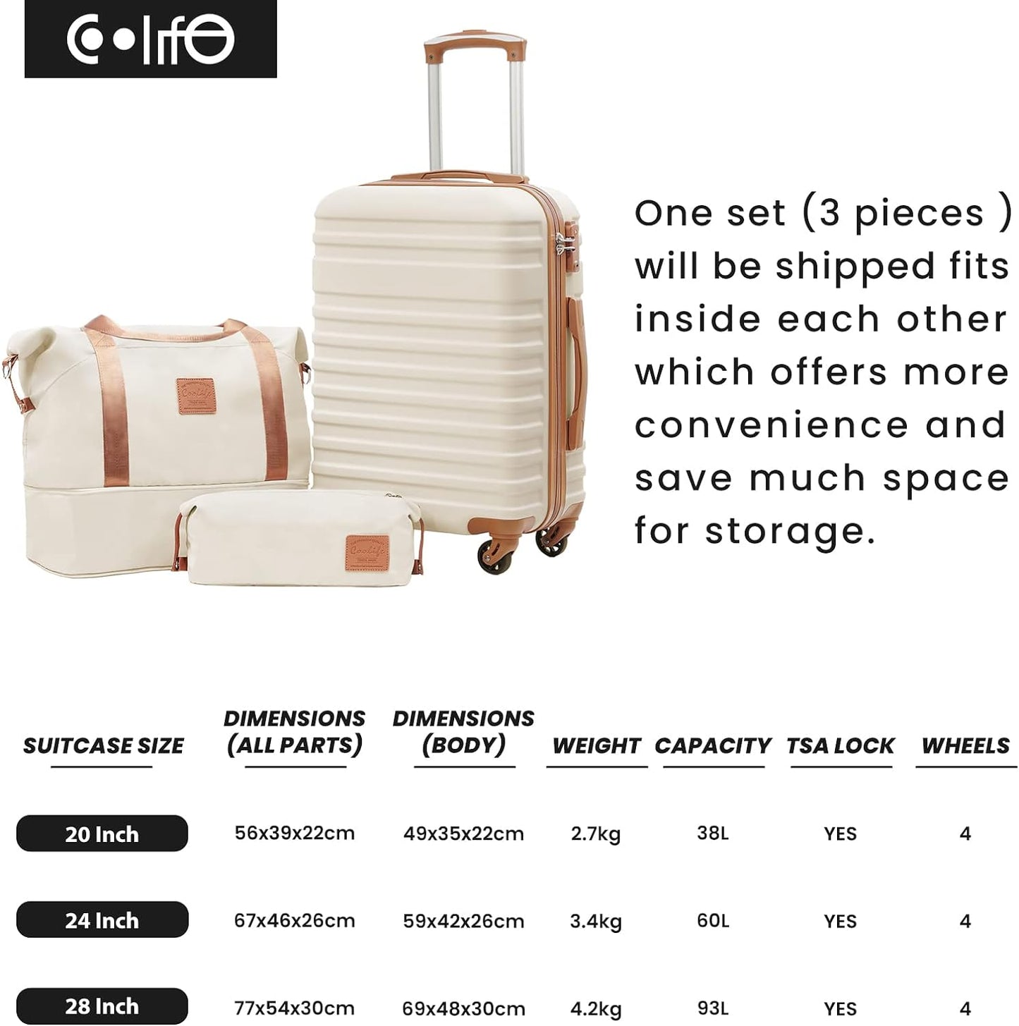COOLIFE Suitcase Trolley Carry On Hand Cabin Luggage Hard Shell Travel Bag Lightweight with TSA Lock,The Suitcase Included 1pcs Travel Bag and 1pcs Toiletry Bag (White/Brown, 24 Inch Luggage Set)