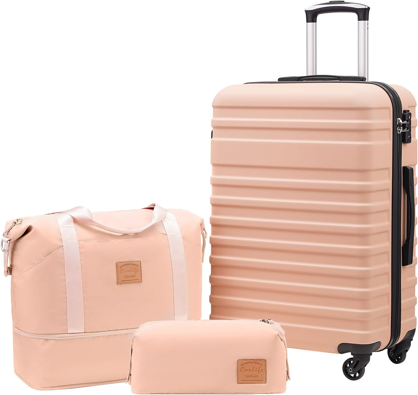 COOLIFE Suitcase Trolley Carry On Hand Cabin Luggage Hard Shell Travel Bag Lightweight with TSA Lock,The Suitcase Included 1pcs Travel Bag and 1pcs Toiletry Bag (White/Brown, 24 Inch Luggage Set)