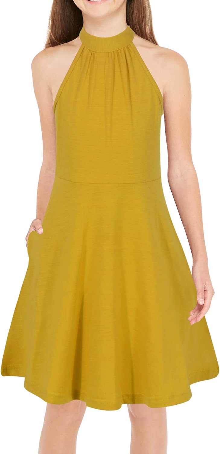 GORLYA Girl's Halter Neck Cold Shoulder Sleeveless Summer Casual Sundress A-line Dress with Pockets for 4-14T Kids