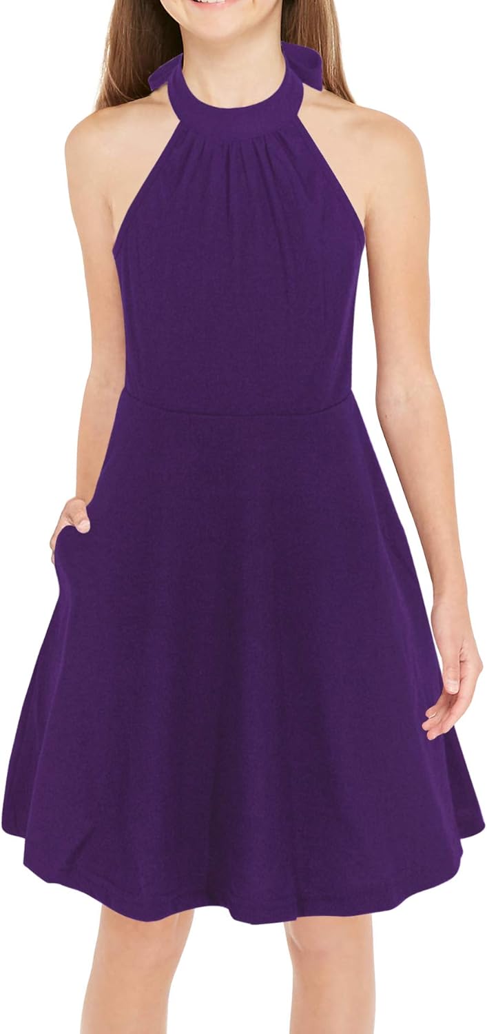 GORLYA Girl's Halter Neck Cold Shoulder Sleeveless Summer Casual Sundress A-line Dress with Pockets for 4-14T Kids