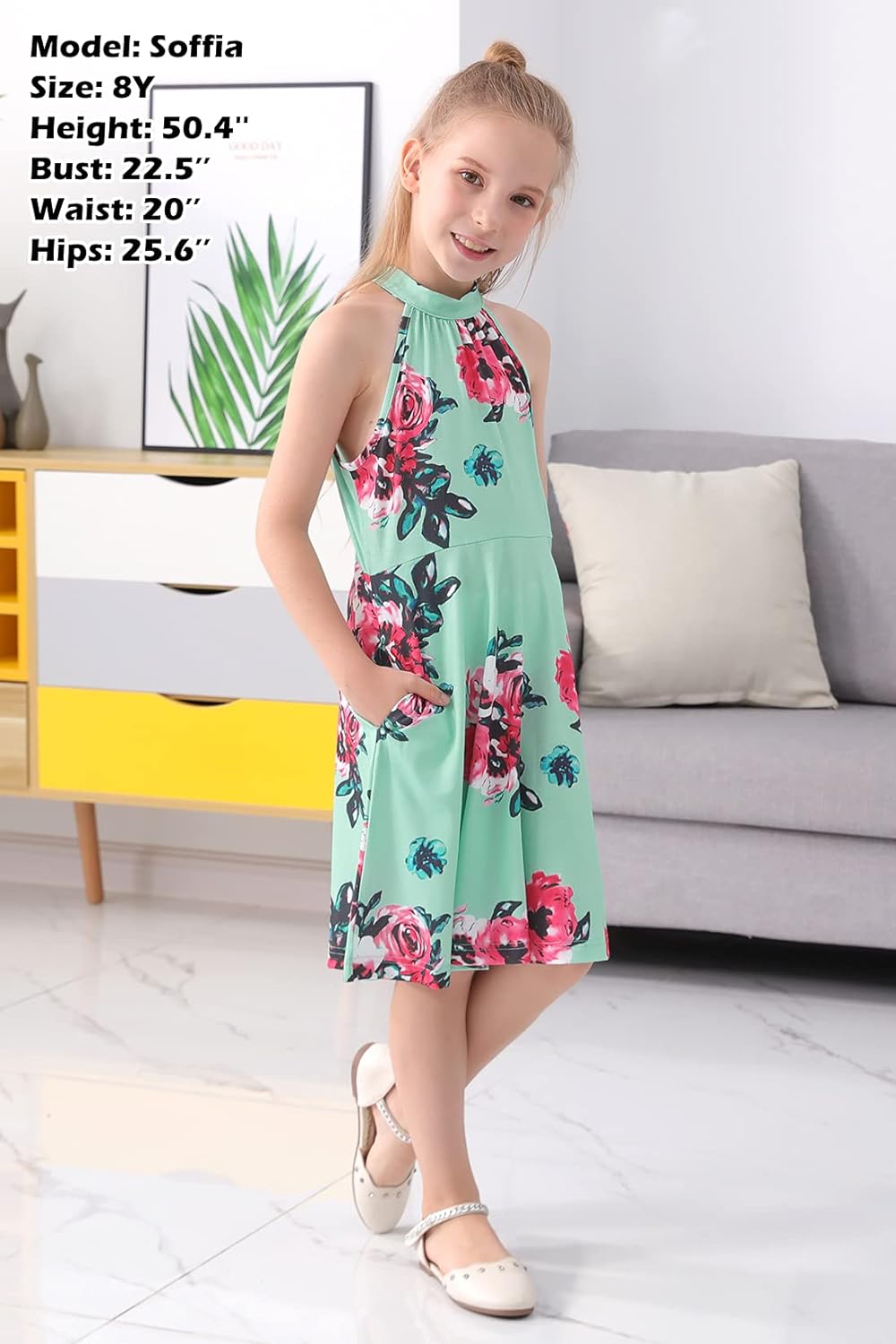 GORLYA Girl's Halter Neck Cold Shoulder Sleeveless Summer Casual Sundress A-line Dress with Pockets for 4-14T Kids