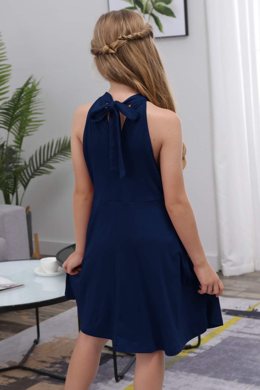 GORLYA Girl's Halter Neck Cold Shoulder Sleeveless Summer Casual Sundress A-line Dress with Pockets for 4-14T Kids
