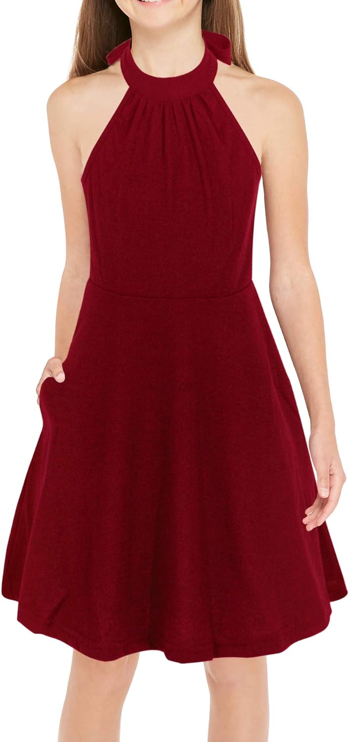 GORLYA Girl's Halter Neck Cold Shoulder Sleeveless Summer Casual Sundress A-line Dress with Pockets for 4-14T Kids