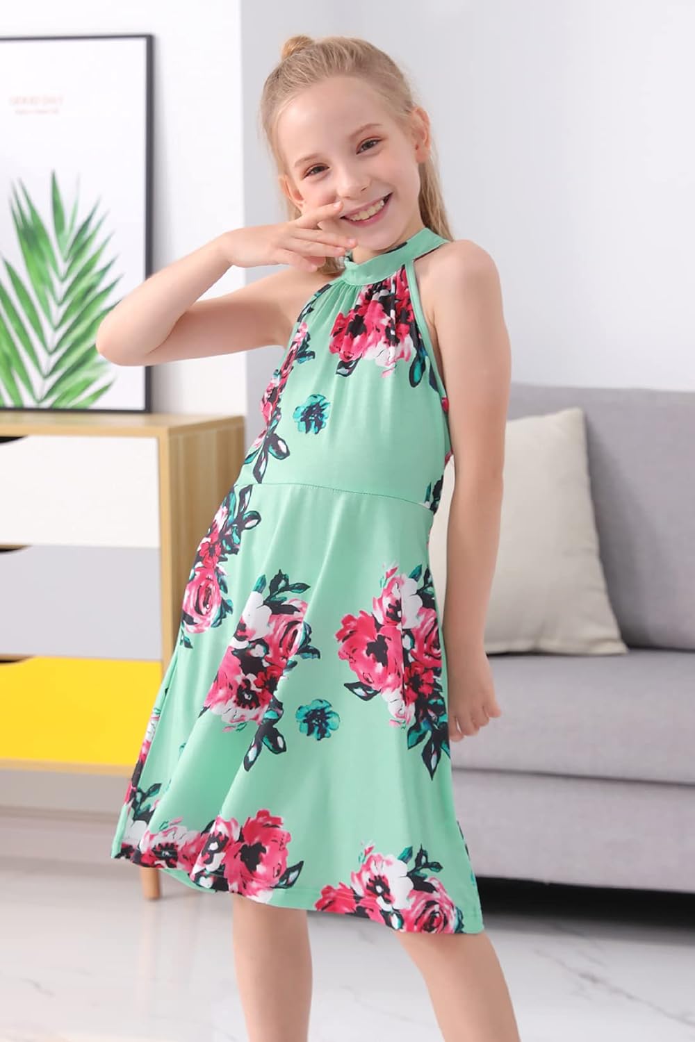 GORLYA Girl's Halter Neck Cold Shoulder Sleeveless Summer Casual Sundress A-line Dress with Pockets for 4-14T Kids