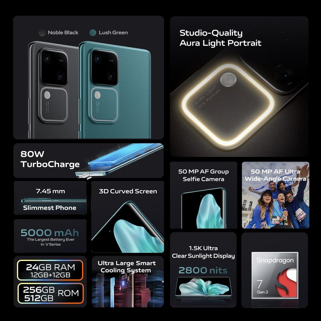 vivo V30 5G (Lush Green, 12GB+12GB RAM, 256GB) | Slimmest 3D Curved 1.5K AMOLED 120Hz Display | 50MP AF Group Selfie | Aura Light OIS