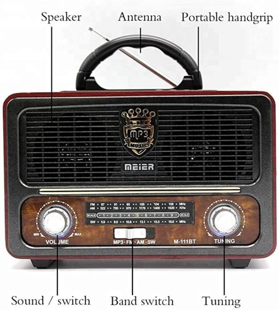 showkah® MEIER M-111BT Portable Antique Radio Nostalgic Wooden Retro FM Radio With AM | FM | SW Band Frequency, USB | SD | TF Card Slot, AUX and Bluetooth Remote Modern Feature Vintage Radio (White)