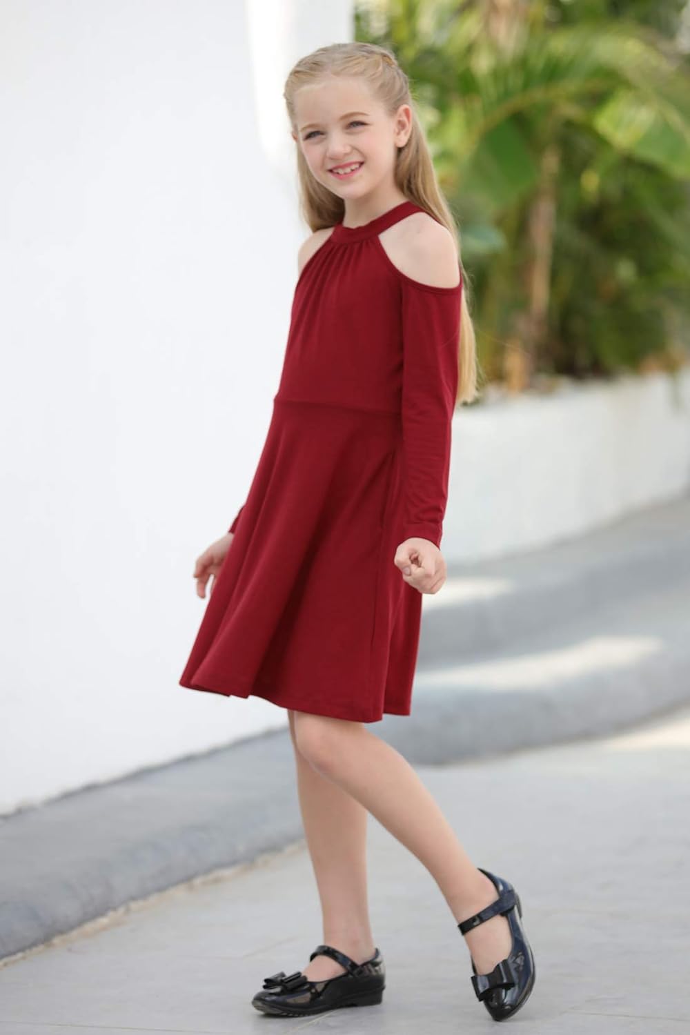 GORLYA Girl's Halter Neck Cold Shoulder Sleeveless Summer Casual Sundress A-line Dress with Pockets for 4-14T Kids