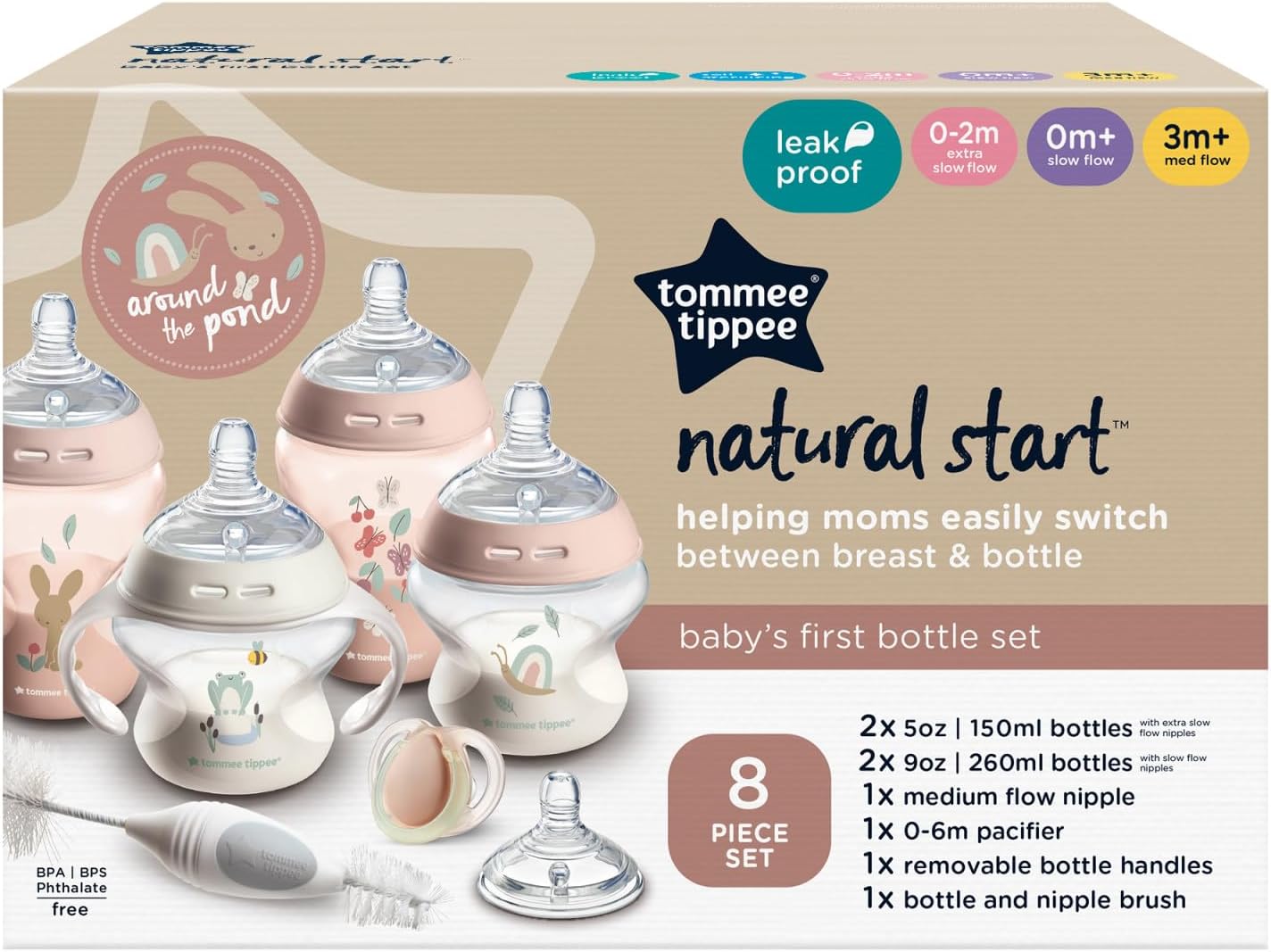 Tommee Tippee Natural Start Ready for Baby Bottle Set, 5oz and 9oz Anti-Colic Bottles, Slow and Medium Flow, 0-6 Month Pacifiers, Self-Sterilizing, Pink