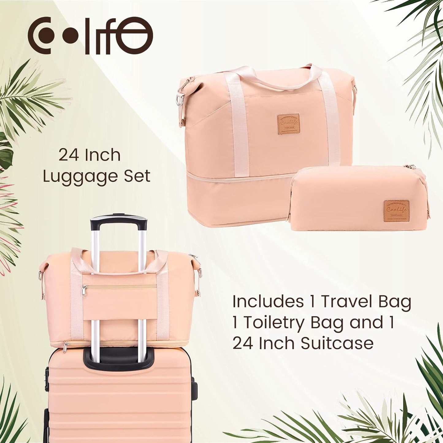 COOLIFE Suitcase Trolley Carry On Hand Cabin Luggage Hard Shell Travel Bag Lightweight with TSA Lock,The Suitcase Included 1pcs Travel Bag and 1pcs Toiletry Bag (White/Brown, 24 Inch Luggage Set)