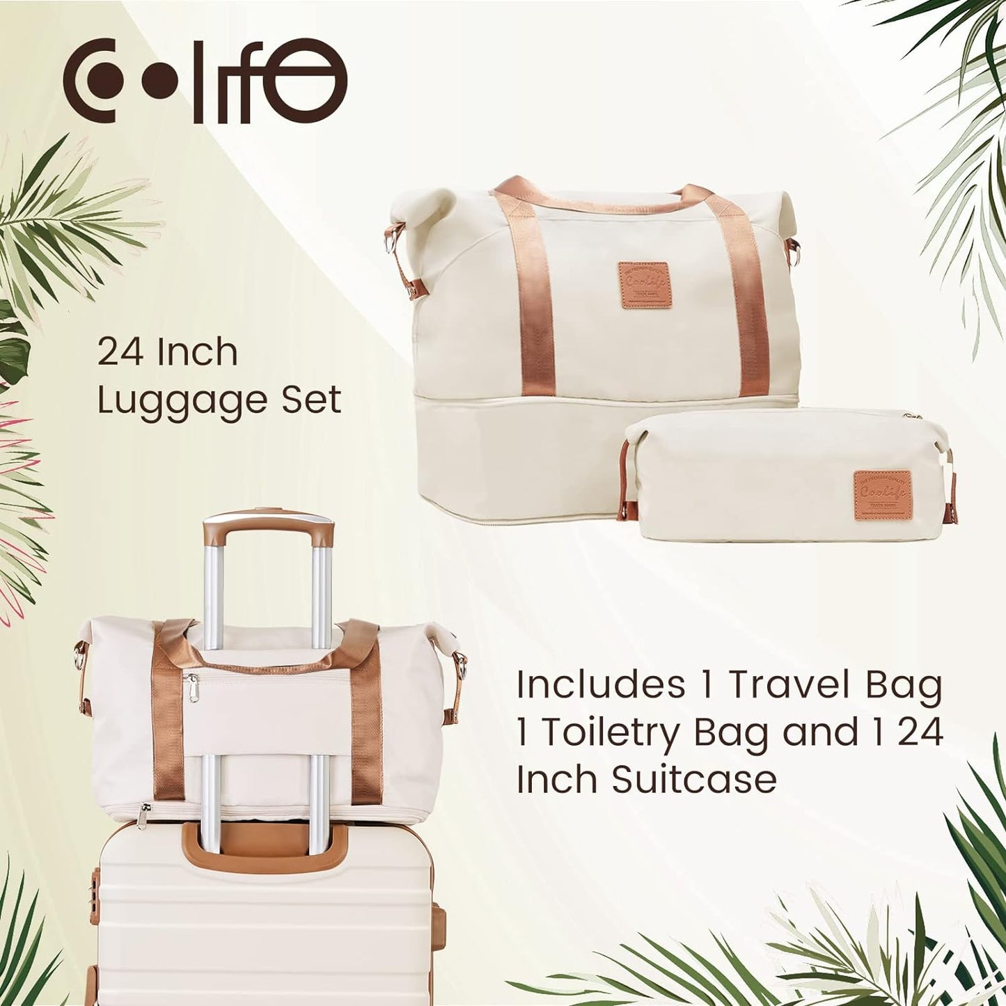 COOLIFE Suitcase Trolley Carry On Hand Cabin Luggage Hard Shell Travel Bag Lightweight with TSA Lock,The Suitcase Included 1pcs Travel Bag and 1pcs Toiletry Bag (White/Brown, 24 Inch Luggage Set)