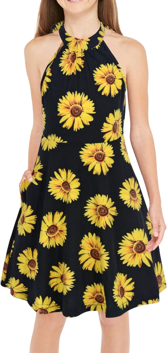 GORLYA Girl's Halter Neck Cold Shoulder Sleeveless Summer Casual Sundress A-line Dress with Pockets for 4-14T Kids