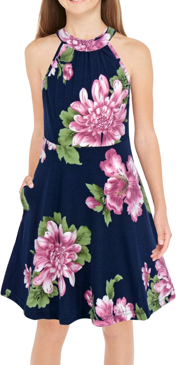GORLYA Girl's Halter Neck Cold Shoulder Sleeveless Summer Casual Sundress A-line Dress with Pockets for 4-14T Kids