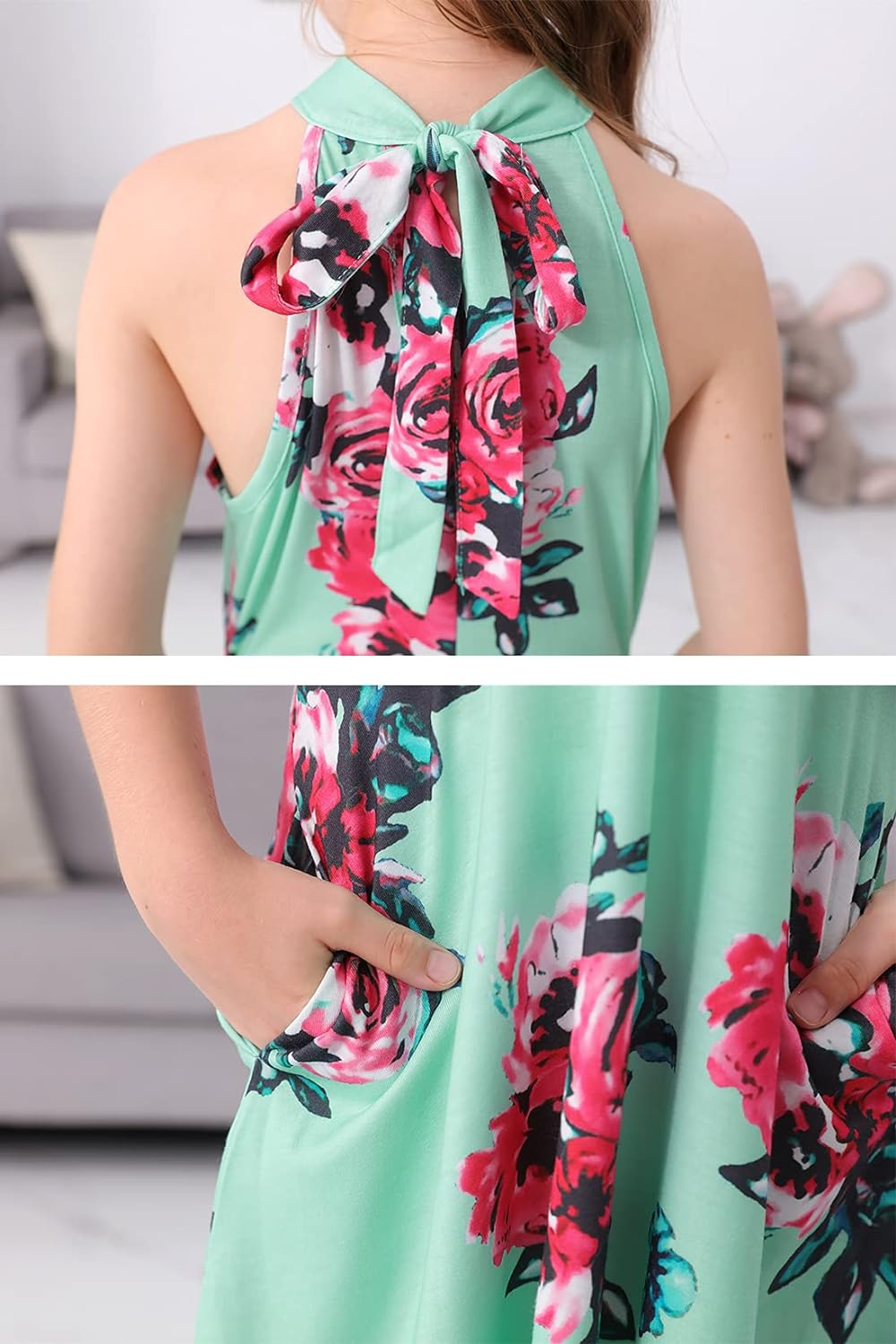 GORLYA Girl's Halter Neck Cold Shoulder Sleeveless Summer Casual Sundress A-line Dress with Pockets for 4-14T Kids